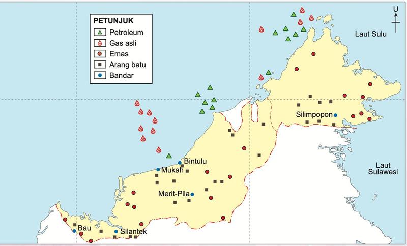 Peta taburan mineral di Sabah dan Sarawak dengan petunjuk petroleum, gas asli, emas, arang batu dan bandar