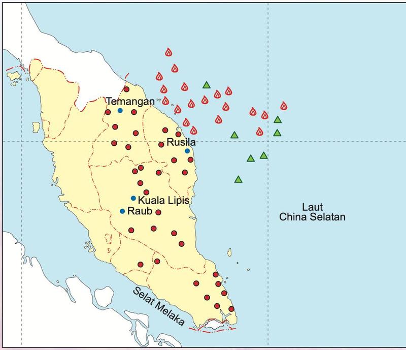 Peta 6.2 taburan sumber mineral di Semenanjung Malaysia: gas asli dan petroleum di luar pesisir pantai timur, emas di Raub, Kuala Lipis, Temangan dan Rusila