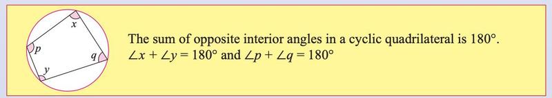 Textbook: cyclic quadrilateral with angles x, y, p, q; the sum of opposite interior angles is 180 degrees