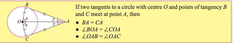 Textbook: two tangents from A touch the circle at B and C; BA equals CA and angles BOA and COA are equal