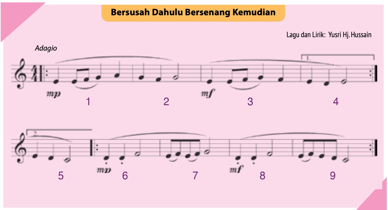 Skor lagu dalam meter 4/4 dengan tanda Adagio, mp pada bar 1 dan 6, mf pada bar 3 dan 8, akhiran 1 pada bar 4 dan akhiran 2 pada bar 5, titik staccato di bawah not pada bar 6 dan 8; bar bernombor 1 hingga 9