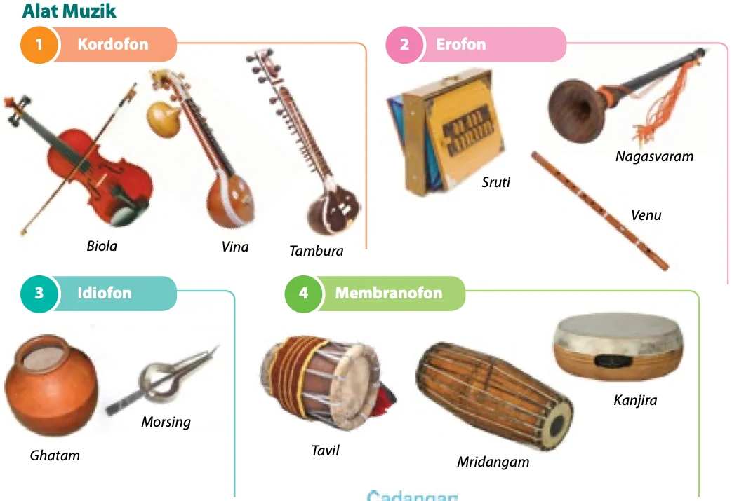 Alat muzik Karnatak: kordofon (biola, vina, tambura), erofon (sruti, nagasvaram, venu), idiofon (ghatam, morsing), membranofon (tavil, mridangam, kanjira)