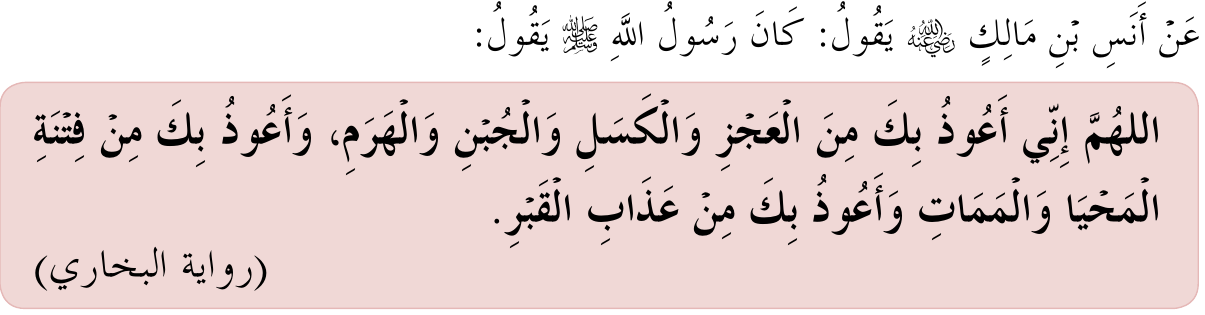 Hadis doa memohon perlindungan daripada lemah, malas, pengecut, pikun, fitnah kehidupan dan kematian serta azab kubur, riwayat al-Bukhari daripada Anas bin Malik RA