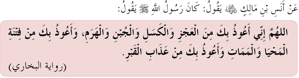 Hadis riwayat Anas bin Malik RA: doa memohon perlindungan daripada lemah, malas, pengecut, pikun, fitnah kehidupan dan kematian serta azab kubur, seperti dalam buku teks
