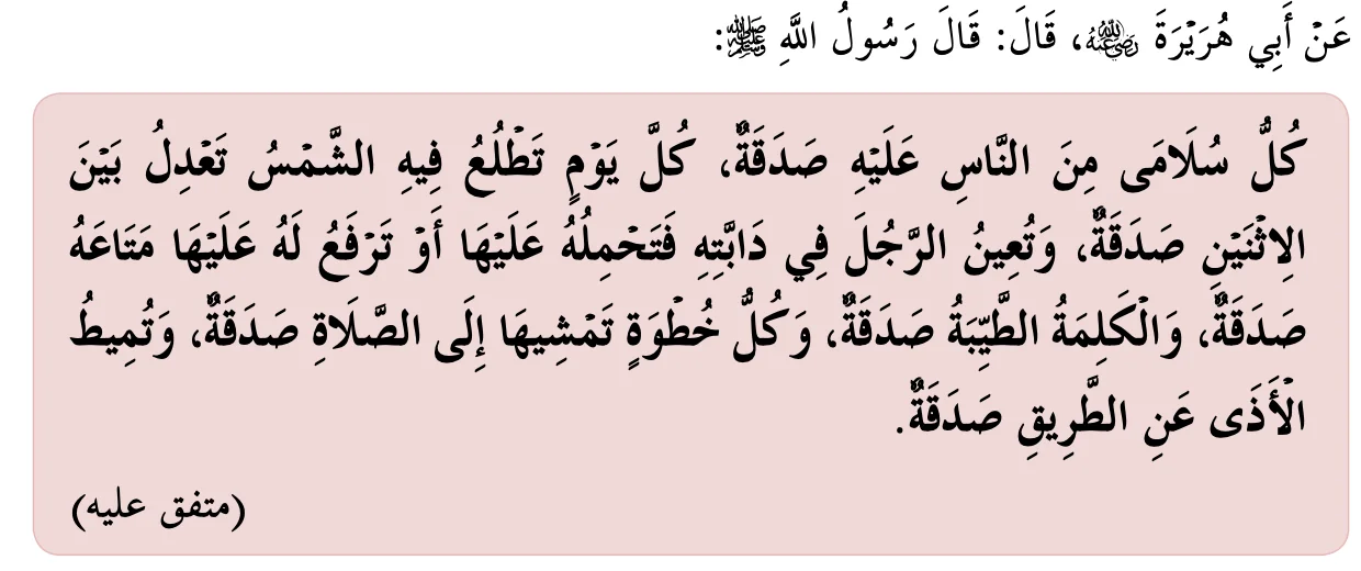 Hadis riwayat Abu Hurairah RA tentang setiap sendi manusia ada sedekahnya, seperti dalam buku teks