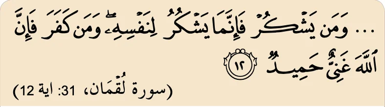 Surah Luqman ayat 12: sesiapa yang bersyukur faedahnya untuk dirinya; Allah Maha Kaya lagi Maha Terpuji