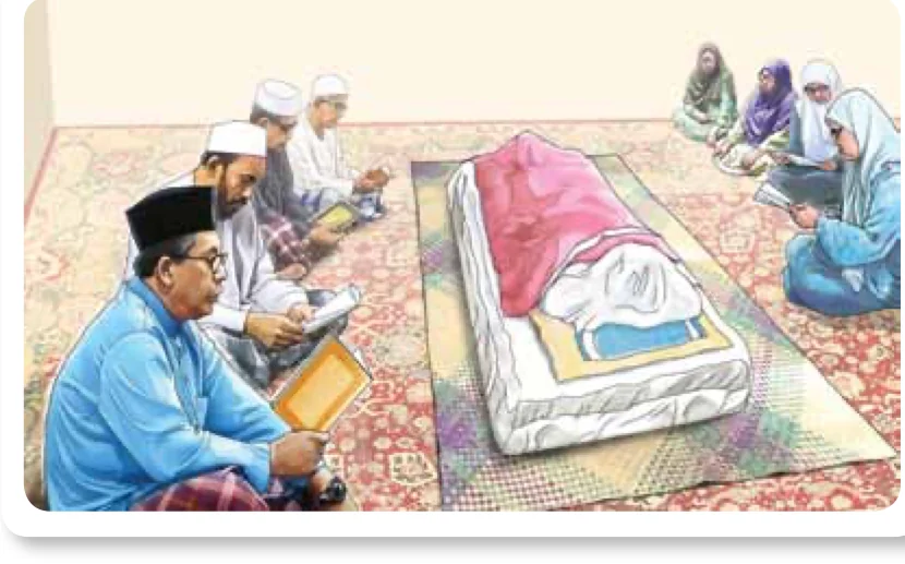 Ilustrasi keluarga dan jiran menziarahi jenazah yang dibaringkan dan ditutup kain
