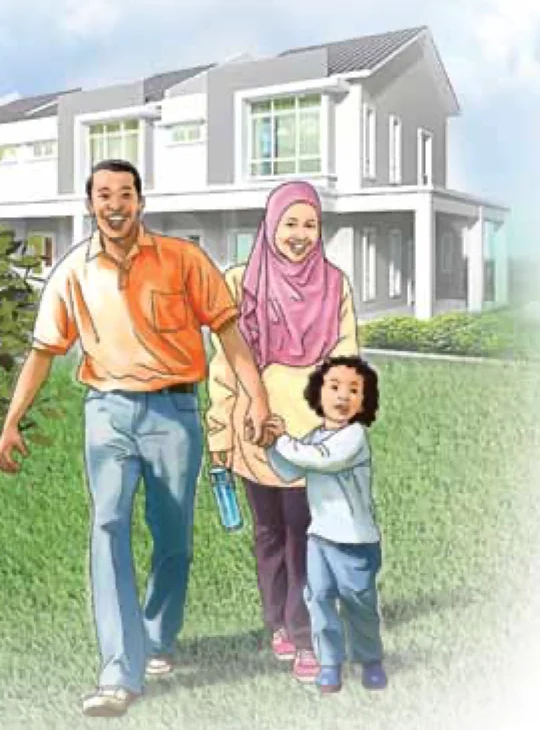 Sebuah keluarga yang gembira berjalan di hadapan rumah mereka