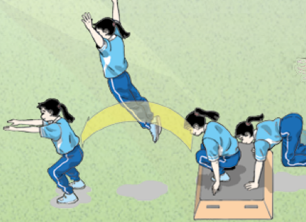 Murid melompat ke atas kotak lompat