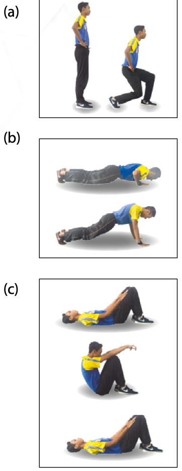Tiga senaman: lunges, tekan tubi dan ringkuk tubi separa