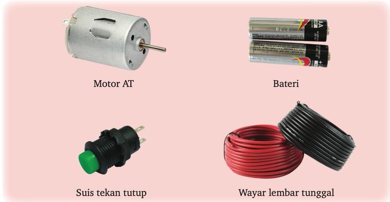 Motor AT, bateri, suis tekan tutup dan wayar lembar tunggal
