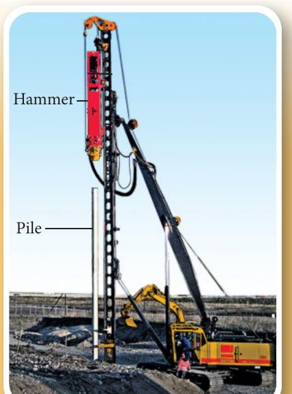 A piledriver with the hammer raised high above the pile