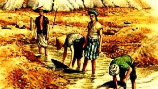 Penduduk mendulang bijih timah di sungai