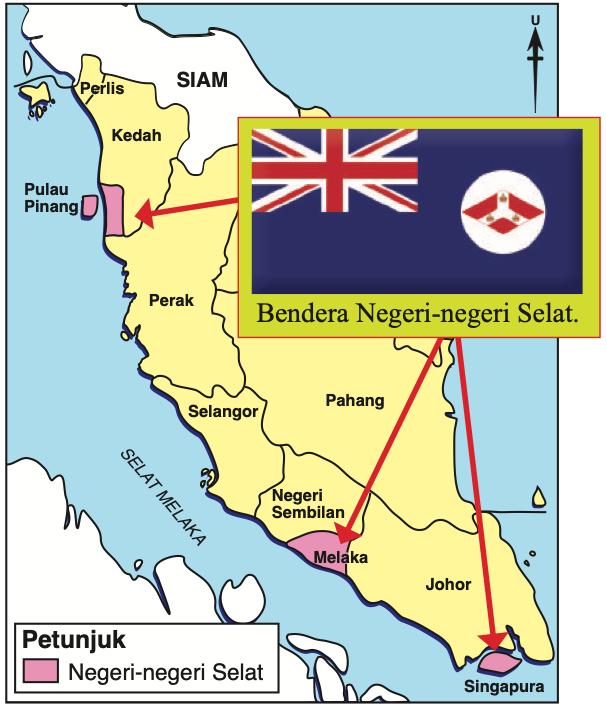 Peta Semenanjung Tanah Melayu dengan Pulau Pinang, Melaka dan Singapura ditandakan sebagai Negeri-negeri Selat dan bendera Negeri-negeri Selat