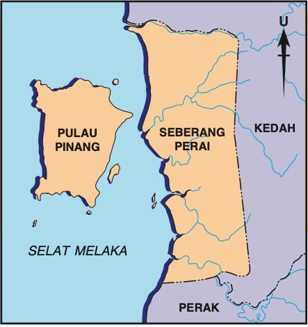 Peta Pulau Pinang dan Seberang Perai di pantai barat Semenanjung, bersempadan dengan Kedah dan Perak