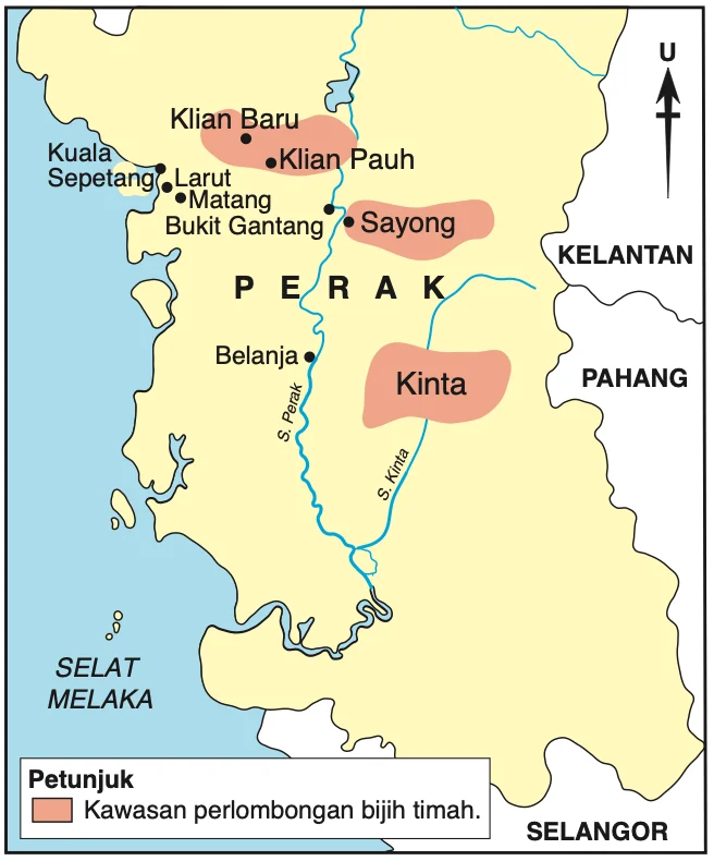 Peta Perak menunjukkan kawasan perlombongan bijih timah di Klian Baru, Klian Pauh, Sayong dan Kinta