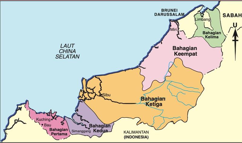 Peta Sarawak dibahagikan kepada lima bahagian berwarna