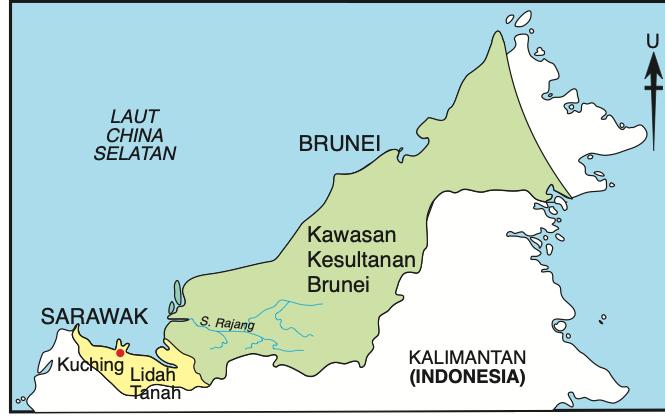 Peta Borneo utara: kawasan Kesultanan Brunei yang luas dan kawasan kecil di sekitar Kuching dan Lidah Tanah