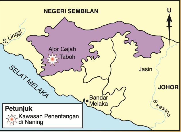 Peta kawasan penentangan Dol Said di Naning, dengan Taboh dan Alor Gajah ditandakan