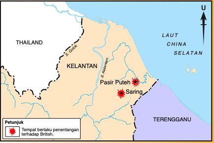 Peta Kelantan menandakan Pasir Puteh dan Saring sebagai tempat berlaku penentangan