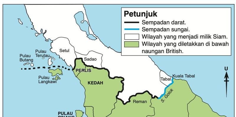 Peta sempadan Negeri-negeri Melayu Utara dan Siam: Setul, Sadao dan Tabal berwarna putih milik Siam; Perlis dan Kedah berwarna hijau di bawah naungan British; Sungai Golok ialah sempadan sungai
