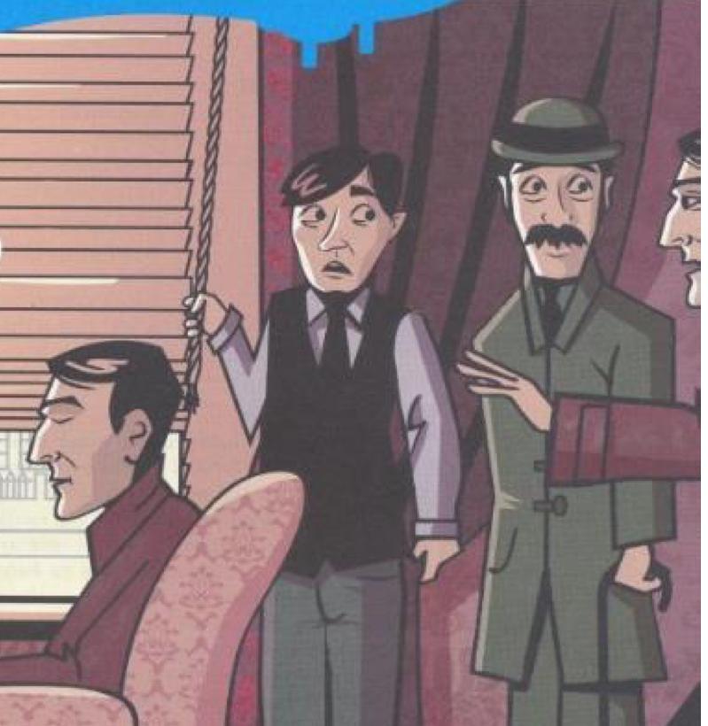 Comic-style picture from The Adventure of the Mazarin Stone: a figure sitting in a chair by a window with blinds, and Billy and Watson standing beside it