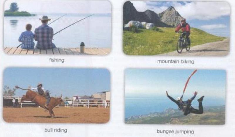 Four photos: a man and a boy fishing, a cyclist riding a mountain bike, a cowboy riding a bucking bull and a person bungee jumping
