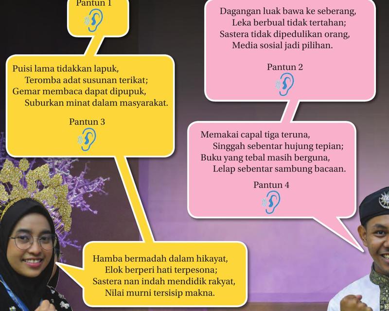 Empat pantun tentang sastera dalam gelembung teks di sebelah dua murid berpakaian tradisional