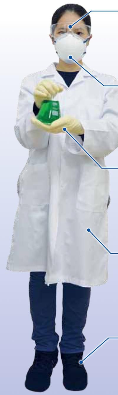 Student wearing safety goggles, face mask, gloves, laboratory coat and laboratory shoes