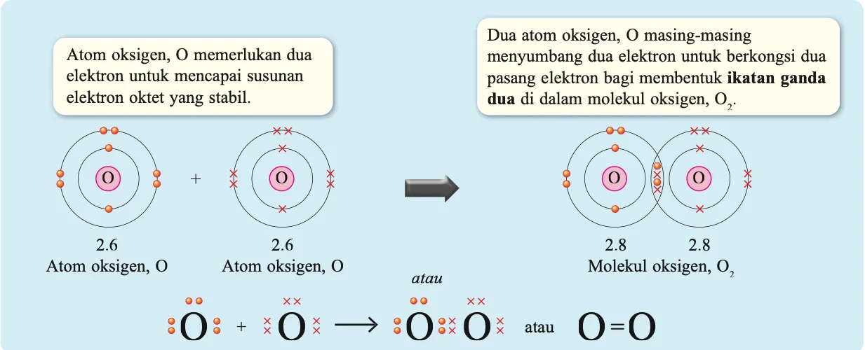 Dua atom oksigen 2.6 berkongsi dua pasang elektron membentuk molekul oksigen O2 dengan ikatan ganda dua