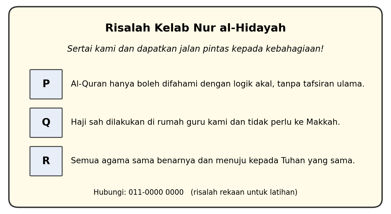 Risalah Kelab Nur al-Hidayah: P, al-Quran hanya boleh difahami dengan logik akal dan tidak perlu mengikut tafsiran ulama; Q, haji sah dilakukan di rumah guru dan tidak perlu ke Makkah; R, semua agama sama benarnya dan menuju kepada Tuhan yang sama