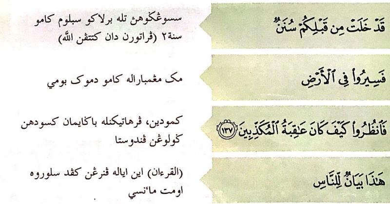 Empat potongan pertama ayat 137 dengan maksud dalam Jawi di sebelah kiri