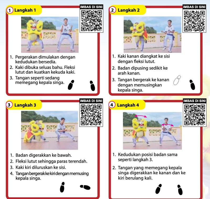 Empat langkah asas tarian singa dengan gambar penari, arahan dan petunjuk pergerakan kaki