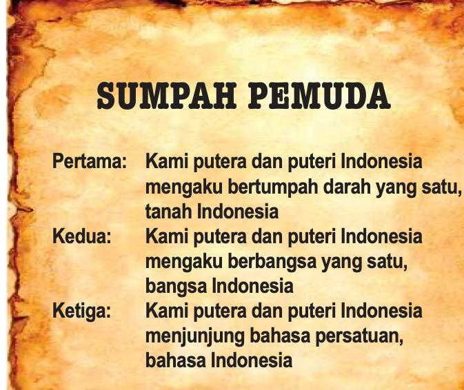 Teks ikrar Sumpah Pemuda: bertumpah darah yang satu, berbangsa yang satu, menjunjung bahasa persatuan