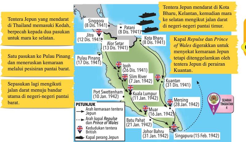 Peta kemaraan tentera Jepun dari Kota Bharu dan Singgora ke Singapura dengan tarikh setiap bandar