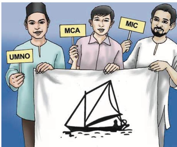 Tiga pemimpin UMNO, MCA dan MIC memegang kain putih bergambar kapal layar