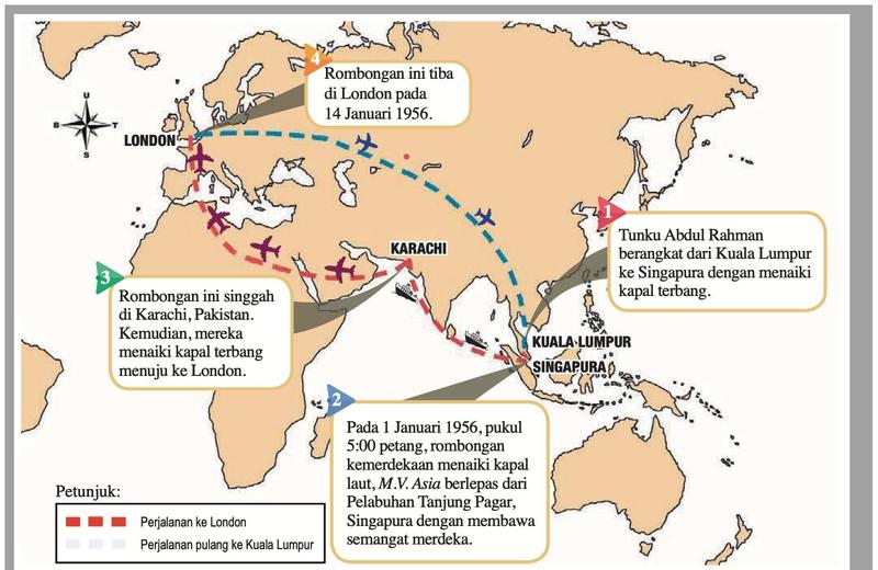 Peta perjalanan rombongan dari Kuala Lumpur ke Singapura, Karachi dan London, dengan empat nombor langkah