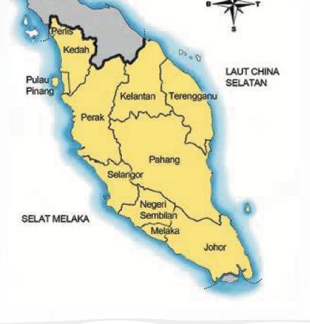 Peta Semenanjung dengan sebelas negeri Persekutuan Tanah Melayu 1957