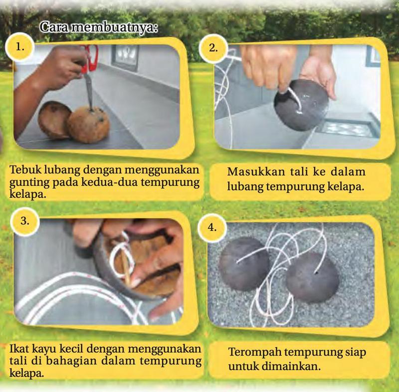 Empat langkah membuat terompah tempurung: menebuk lubang dengan gunting, memasukkan tali, mengikat kayu kecil di dalam tempurung, dan terompah siap