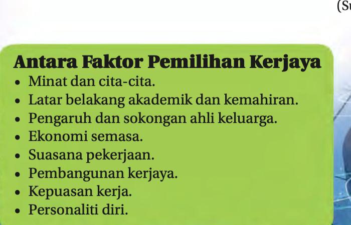 Senarai lapan faktor pemilihan kerjaya: minat, latar belakang akademik, keluarga, ekonomi, suasana, pembangunan, kepuasan, personaliti