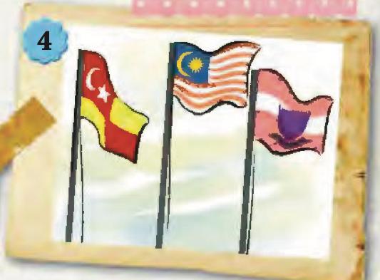 Tiga bendera pada tiang: bendera negeri di kiri, Jalur Gemilang di tengah dan bendera institusi di kanan