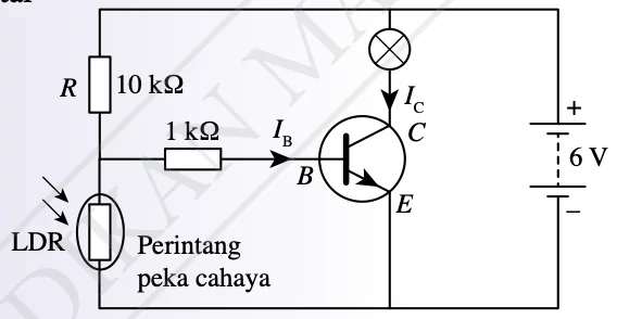 Litar suis kawalan cahaya dengan perintang 10 kiloohm di atas LDR, perintang tapak 1 kiloohm, transistor npn, mentol dan bateri 6 V