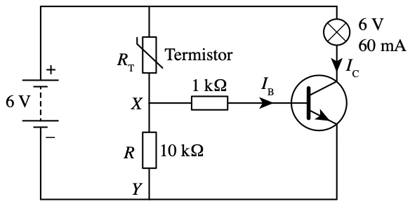 Litar penggera kawalan suhu dengan termistor di atas dan perintang R 10 kiloohm di bawah, perintang tapak 1 kiloohm, transistor npn dan mentol 6 V 60 mA