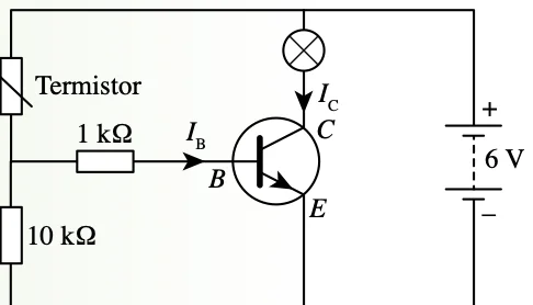 Litar penggera kawalan suhu dengan termistor di atas perintang 10 kiloohm, perintang tapak 1 kiloohm, transistor npn, mentol dan bateri 6 V