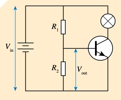 Pembahagi voltan dengan R1 dan R2 bersiri dengan bateri, voltan keluar merentasi R2 disambung ke tapak transistor