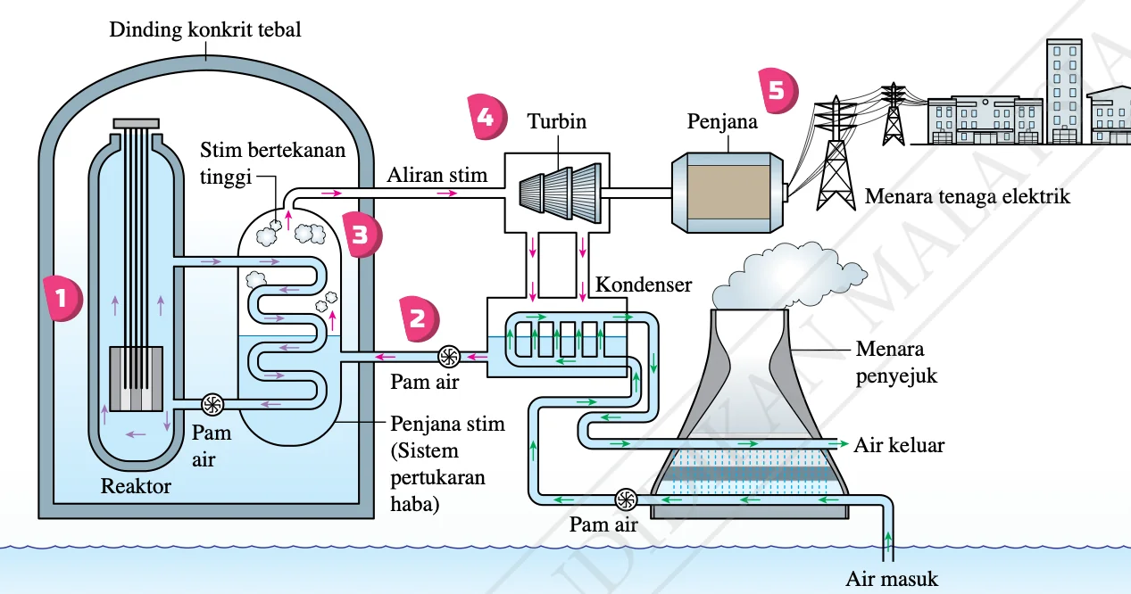 Struktur reaktor nuklear dan stesen jana kuasa: reaktor, penjana stim, turbin, penjana, kondenser dan menara penyejuk
