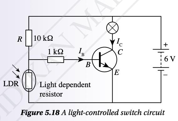 Light-controlled switch circuit with a 10 kilohm resistor, an LDR, a 1 kilohm base resistor, an npn transistor and a lamp on a 6 V supply