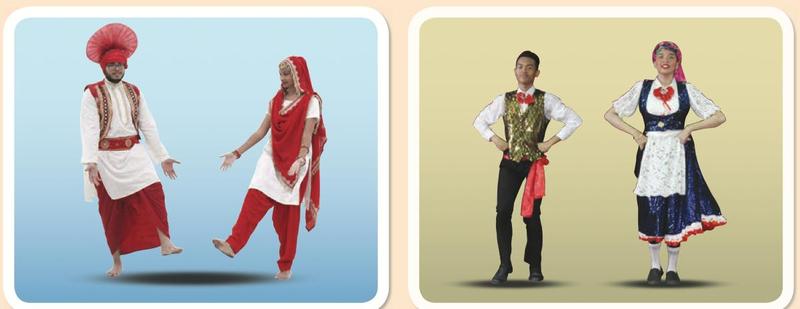 Kiri: pasangan berpakaian Punjabi merah dan putih dengan serban; kanan: pasangan berpakaian waist-coat dan gaun biru berenda