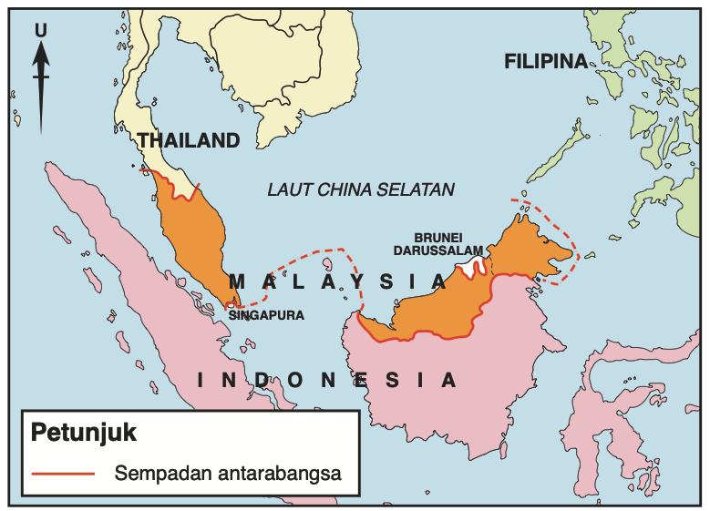 Peta Asia Tenggara menunjukkan sempadan antarabangsa Malaysia dengan Thailand, Indonesia, Brunei, Singapura dan Filipina