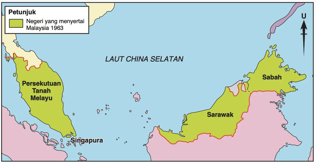 Peta Laut China Selatan menunjukkan Persekutuan Tanah Melayu, Singapura, Sarawak dan Sabah berwarna hijau sebagai negeri yang menyertai Malaysia 1963